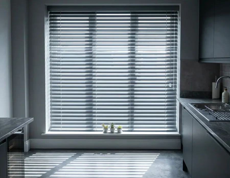Aluminium venetian blind with tilted horizontal slats across a kitchen window in a Kyalami home