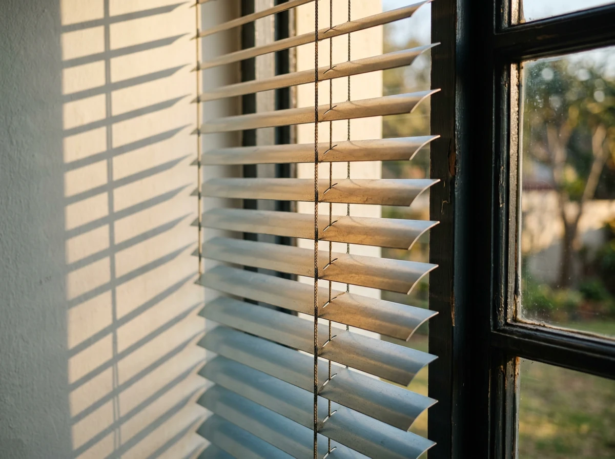 Close-up of aluminium venetian slats tilted against warm late-afternoon light in a Kyalami home
