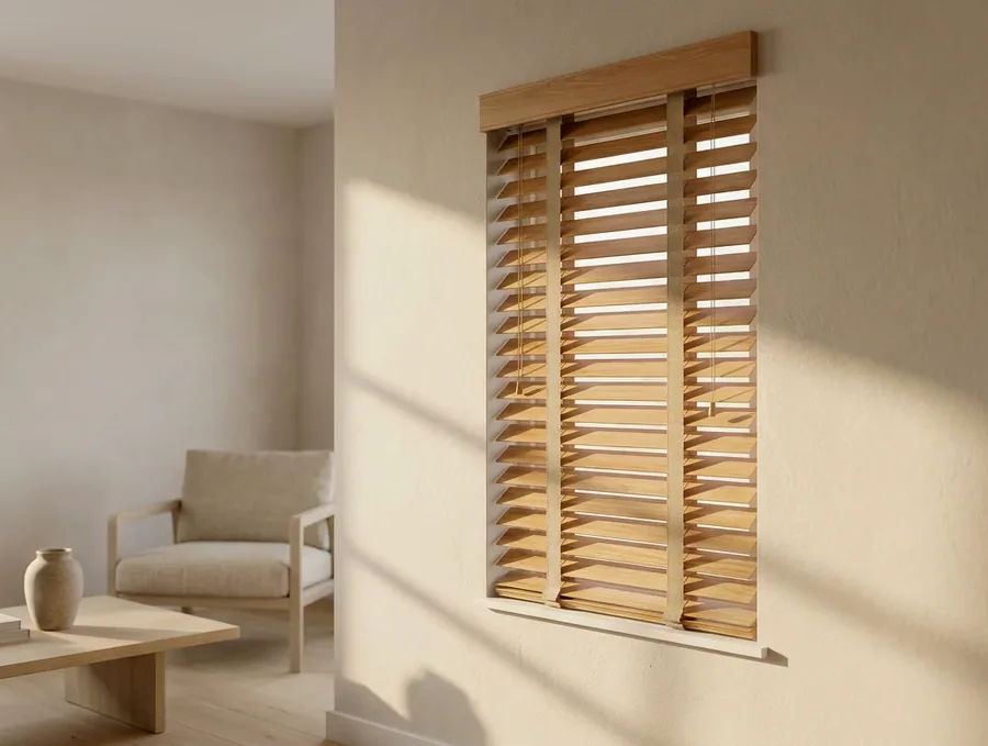 Timber venetian blind with wide oak slats and cloth tapes in a sunlit Kyalami living room
